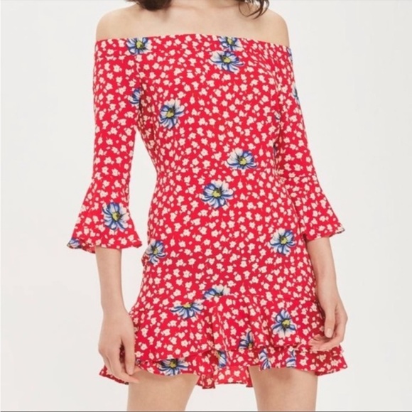 Topshop Bardot Off Shoulder Floral Ruffle Dress size 10 - Picture 2 of 12